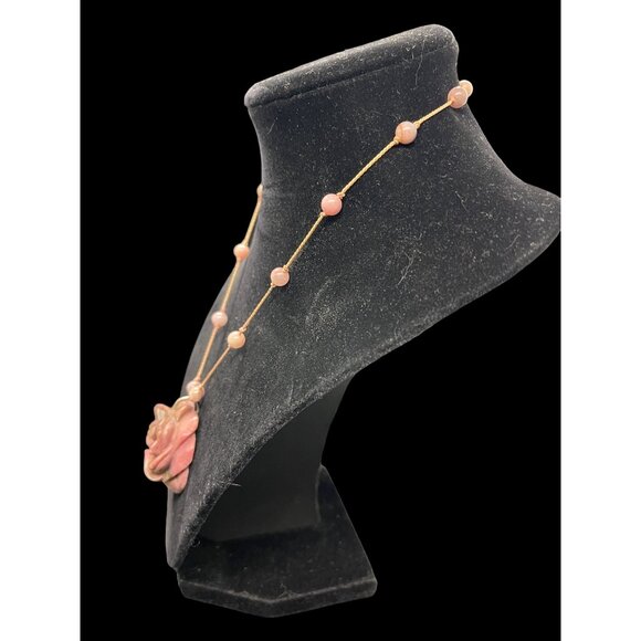 Vintage Rhodonite Carved Pink Flower Rose Agate Knotted Necklace 16”L - Picture 5 of 8